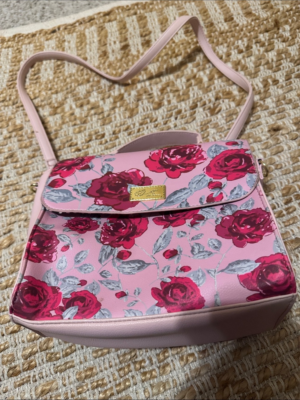 Pink Floral Crossbody with Gold Accent - Women's Shoulder Bag